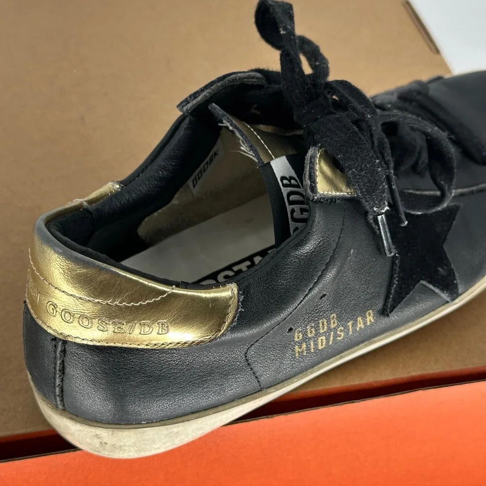Golden Goose Superstar Black Leather Sneakers Low Trainers‎ Gold Heel Italy 39